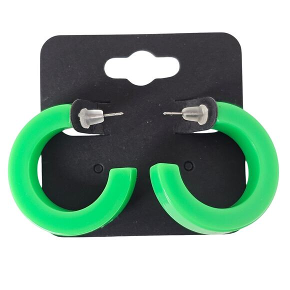Green Hoop Earrings 1.2" Retro 1980s Neon Chunky Pierced Acrylic Gift Bag Y2K - Picture 1 of 7